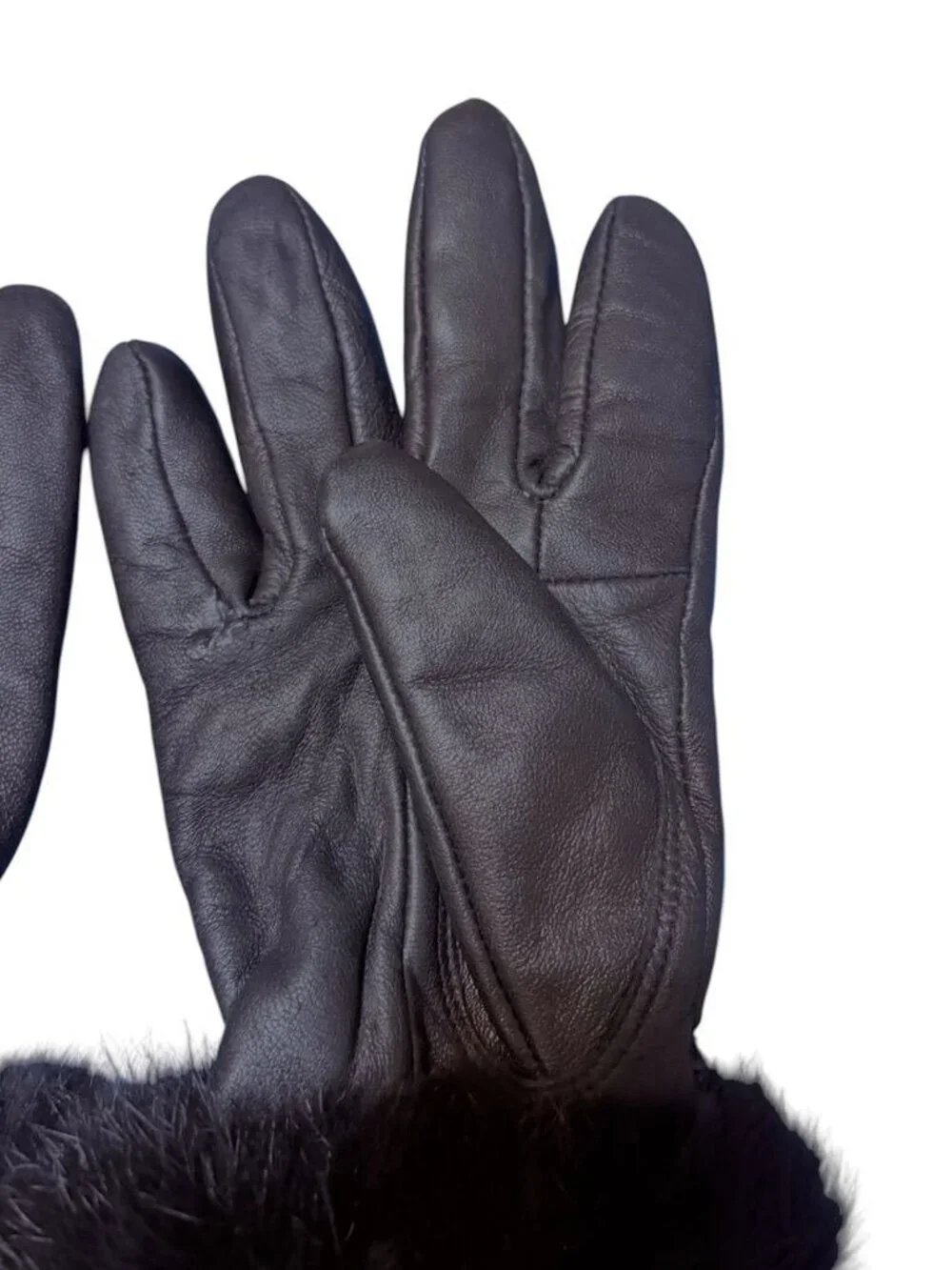 Leather Fur Trimmed Gloves Black Women M EUC Classic Winter Glam EUC